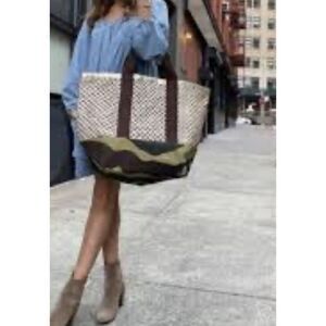 Anthropologie Latico Greta Leather Canvas Tote Bag Purse Beach Camo Gold Brown